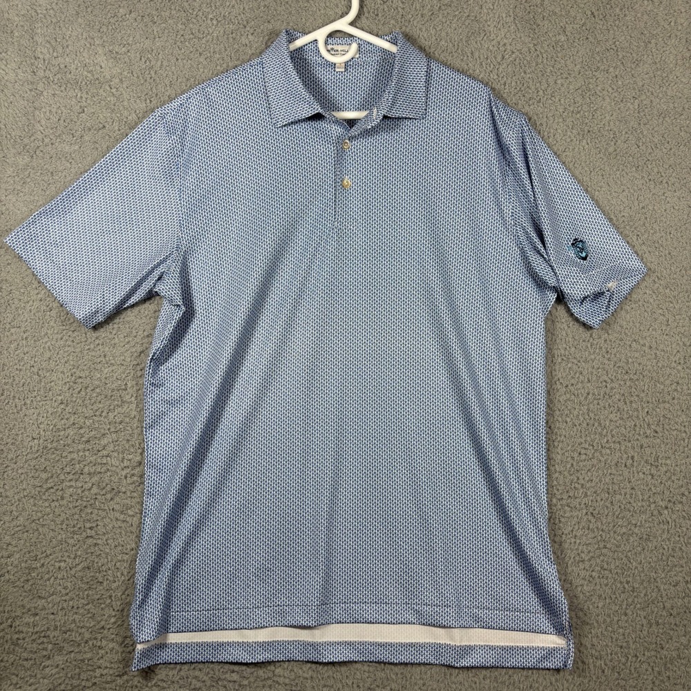 Peter Millar Polo Mens L Blue Summer Comfort Shuttlecock Print Performance